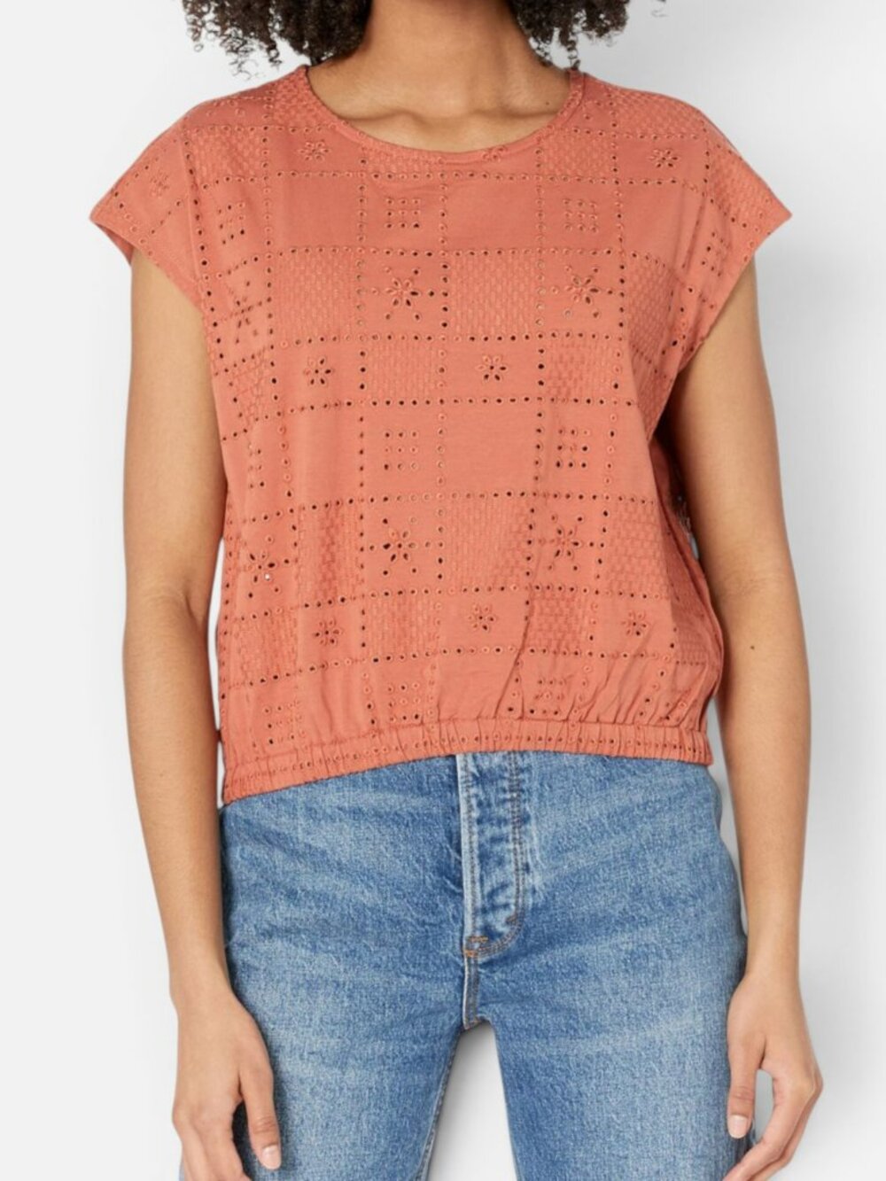 Madewell Per Se Eyelet Cap Sleeve Top Rust Orange Elastic Hem XL